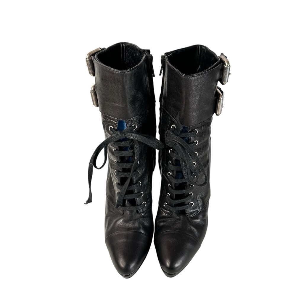 Mimosa Black Leather Stiletto Lace Up Buckle Ankle Boots Euro 37.5 Moto Chic - Picture 7 of 14